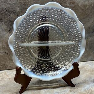 Vintage Anchor Hocking Moonstone Opalescent Hobnail Divided Serving Dish; 7-7/8”